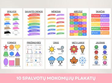 10 spalvotų mokomųjų plakatų rinkinys vaikams PDF, A4 ir A3 dydžiai, spausdinamas