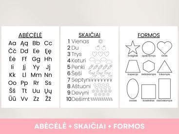Abėcėlės, Skaičių ir Formų plakatai vaikams PDF, A4, A3, juoda balta