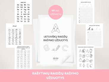 Rašytinių raidžių mokymosi pratybos: 49 puslapių PDF rašymo užduočių rinkinys, nespalvotas