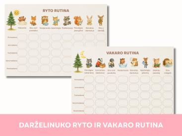 Darželinuko ryto ir vakaro rutina: 2 spalvoti plakatai su miško gyvūnais A4 PDF, Vaikams 2-6 m.