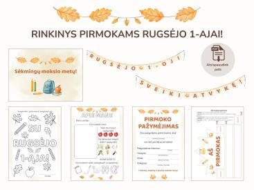 Rugsėjo 1-osios dekoracijų ir užduočių rinkinys pirmokams. Spausdinamas PDF, A4 formatas