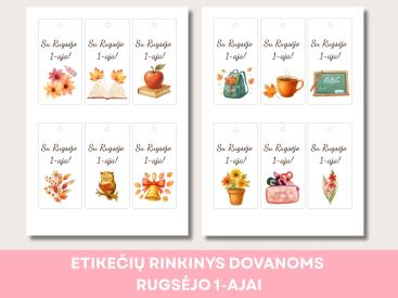 12 akvarelės stiliaus etikečių rinkinys Rugsėjo 1-ajai - dovanoms, gėlėms, dovanų maišeliams
