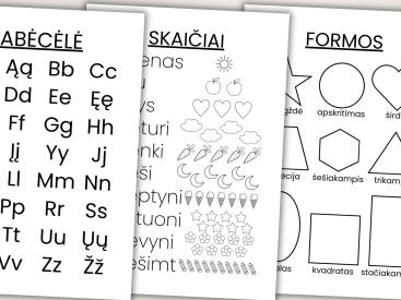Abėcėlės, Skaičių ir Formų plakatai vaikams PDF, A4, A3, juoda balta