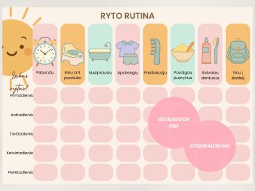 Darželinuko ryto ir vakaro rutina: 2 spalvoti plakatai A4 PDF, Vaikams 2-6 m., Atsispausdink pats