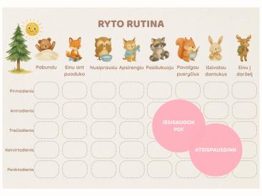 Darželinuko ryto ir vakaro rutina: 2 spalvoti plakatai su miško gyvūnais A4 PDF, Vaikams 2-6 m.