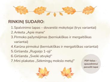 Rugsėjo 1-osios dekoracijų ir užduočių rinkinys pirmokams. Spausdinamas PDF, A4 formatas