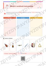 Styginiai instrumentai 1-2 kl.: 20 užduočių, SUP, stalo žaidimas ir QR