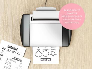 Abėcėlės, Skaičių ir Formų plakatai vaikams PDF, A4, A3, juoda balta