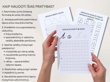 Rašytinių raidžių mokymosi pratybos: 49 puslapių PDF rašymo užduočių rinkinys, nespalvotas