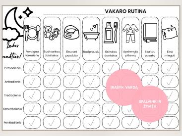Darželinuko ryto ir vakaro rutina: 2 spalvinami plakatai A4 PDF, Vaikams 2-6 m., Atsispausdink pats