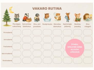 Darželinuko ryto ir vakaro rutina: 2 spalvoti plakatai su miško gyvūnais A4 PDF, Vaikams 2-6 m.