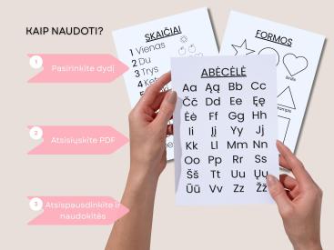 Abėcėlės, Skaičių ir Formų plakatai vaikams PDF, A4, A3, juoda balta