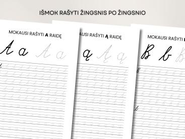 Rašytinių raidžių mokymosi pratybos: 49 puslapių PDF rašymo užduočių rinkinys, nespalvotas