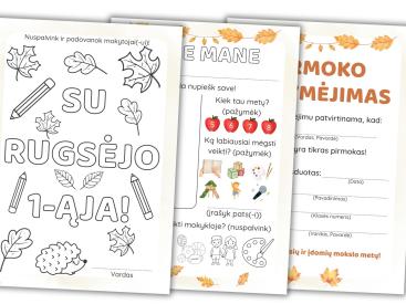 Rugsėjo 1-osios dekoracijų ir užduočių rinkinys pirmokams. Spausdinamas PDF, A4 formatas