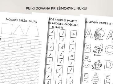 Rašytinių raidžių mokymosi pratybos: 49 puslapių PDF rašymo užduočių rinkinys, nespalvotas