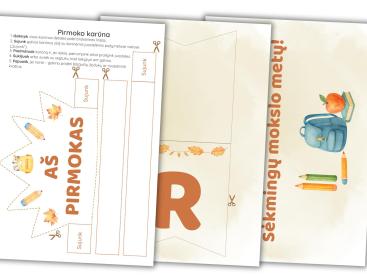 Rugsėjo 1-osios dekoracijų ir užduočių rinkinys pirmokams. Spausdinamas PDF, A4 formatas