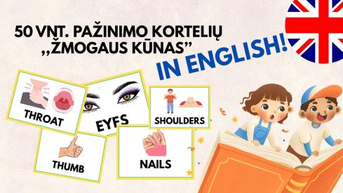 50 vnt. PAŽINIMO, ŽODŽIŲ MOKINIMOSI KORTELIŲ KŪNO DALYS ANGLIŠKAI