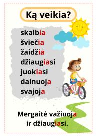 Plakatai. Kas, Ką veikia, Kur, įsidėmėtinos rašybos žodžiai.