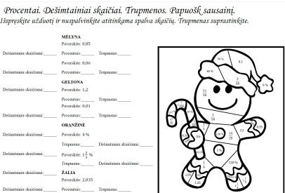 Kalėdinės užduotys. Procentai. Dešimtainiai skaičiai. Trupmenos.