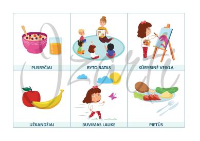 Iliustruotos dienos veiklų kortelės, dienotvarkė, dienos planas 