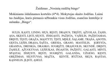 taisykles ir zaidimas nosiniu raidziu bingo