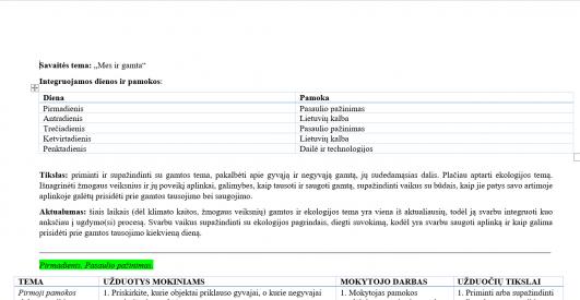 Integruotos savaitės planas.