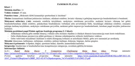 Fizinio lavinimo pamokos planas 2 klasei