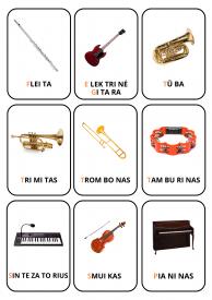 Kortelės skaitymui - muzikos instrumentai, transportas