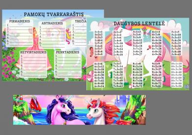 Pamokų tvarkaraštis, A4, 1 vnt. Daugybos lentelė, A4, 1 vnt. Knygos skirtukas, 210x50 mm, 1 vnt.