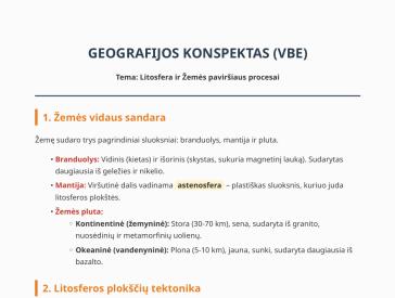 GEOGRAFIJOS KONSPEKTAS PRIEŠ VBE TEMA LITOSFERA IR ŽEMĖS PAVIRŠIAUS PROCESAI