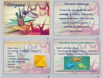 Origami žuvis ir kūrybinis darbas Akvariumas.