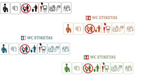 Elgesio tualete kortelės, WC etiketas, naudojimosi tualetu algoritmas