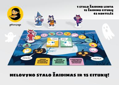 Helovyno stalo žaidimas su klausimais, užduotimis ir eitukais