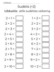 Sudėtis iki 20, matematikos užduotys vaikams pdf, užduotys vaikams atsispausdinti