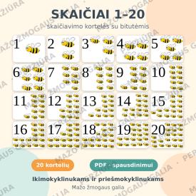 Skaiciai 1-20: skaiciavimo korteles su bitutemis