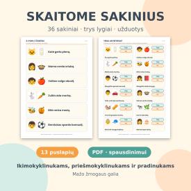 Skaitome sakinius - 36 sakiniai su paveiksleliais, 3 lygiai, uzduotys