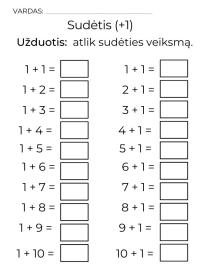 Sudėtis iki 20, matematikos užduotys vaikams pdf, užduotys vaikams atsispausdinti