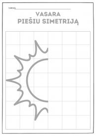 3 užduočių lapai - Piešiu simetriją: saulė, skėtis, kamuolys